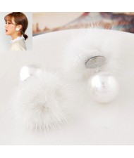 Korean Fashion Fluffy Ball Decorated Pearl Ear Studs - White