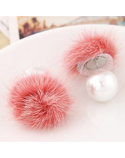Korean Fashion Fluffy Ball Decorated Pearl Ear Studs - Watermelon Red