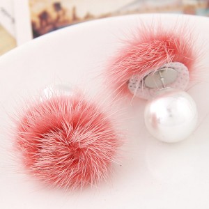 Korean Fashion Fluffy Ball Decorated Pearl Ear Studs - Watermelon Red