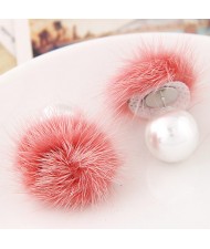 Korean Fashion Fluffy Ball Decorated Pearl Ear Studs - Watermelon Red