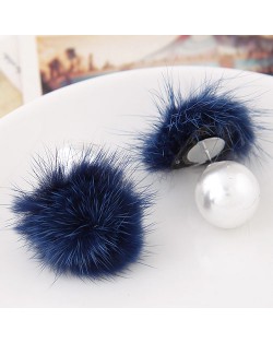 Korean Fashion Fluffy Ball Decorated Pearl Ear Studs - Dark Blue