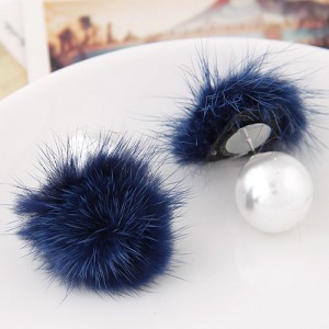 Korean Fashion Fluffy Ball Decorated Pearl Ear Studs - Dark Blue