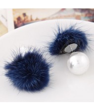 Korean Fashion Fluffy Ball Decorated Pearl Ear Studs - Dark Blue