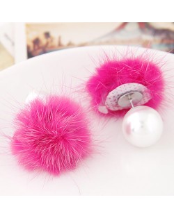 Korean Fashion Fluffy Ball Decorated Pearl Ear Studs - Rose