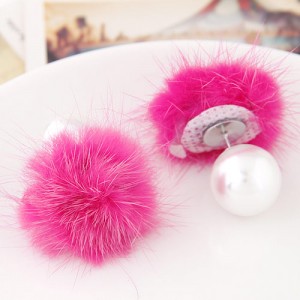 Korean Fashion Fluffy Ball Decorated Pearl Ear Studs - Rose
