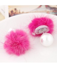 Korean Fashion Fluffy Ball Decorated Pearl Ear Studs - Rose