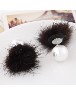 Korean Fashion Fluffy Ball Decorated Pearl Ear Studs - Dark Brown