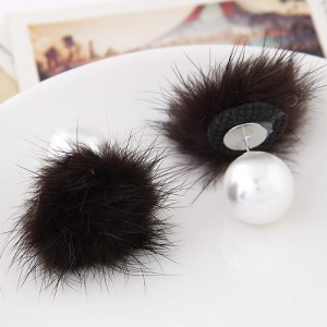 Korean Fashion Fluffy Ball Decorated Pearl Ear Studs - Dark Brown