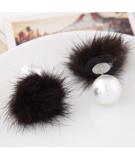 Korean Fashion Fluffy Ball Decorated Pearl Ear Studs - Dark Brown