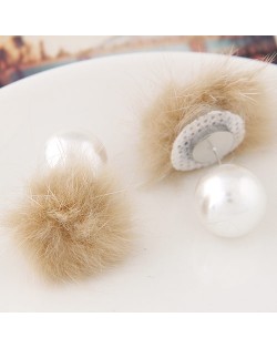 Korean Fashion Fluffy Ball Decorated Pearl Ear Studs - Khaki