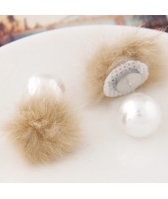 Korean Fashion Fluffy Ball Decorated Pearl Ear Studs - Khaki