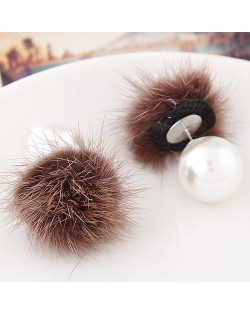 Korean Fashion Fluffy Ball Decorated Pearl Ear Studs - Coffee