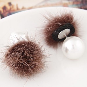 Korean Fashion Fluffy Ball Decorated Pearl Ear Studs - Coffee