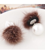 Korean Fashion Fluffy Ball Decorated Pearl Ear Studs - Coffee