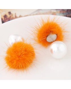 Korean Fashion Fluffy Ball Decorated Pearl Ear Studs - Yellow
