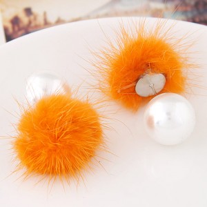 Korean Fashion Fluffy Ball Decorated Pearl Ear Studs - Yellow