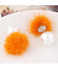 Korean Fashion Fluffy Ball Decorated Pearl Ear Studs - Yellow