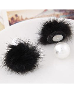 Korean Fashion Fluffy Ball Decorated Pearl Ear Studs - Black