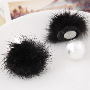 Korean Fashion Fluffy Ball Decorated Pearl Ear Studs - Black