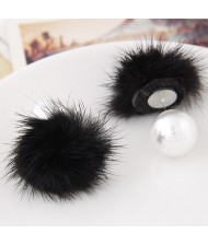 Korean Fashion Fluffy Ball Decorated Pearl Ear Studs - Black