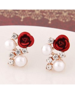 Sweet Shining Rhinestone and Pearl Decorated Graceful Flower Ear Studs - Red