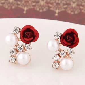 Sweet Shining Rhinestone and Pearl Decorated Graceful Flower Ear Studs - Red