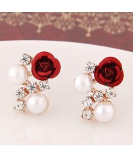 Sweet Shining Rhinestone and Pearl Decorated Graceful Flower Ear Studs - Red