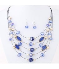 Korean Style Crystal Beads Multi-layer Costume Necklace and Earrings Set - Blue