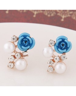 Sweet Shining Rhinestone and Pearl Decorated Graceful Flower Ear Studs - Blue