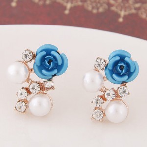 Sweet Shining Rhinestone and Pearl Decorated Graceful Flower Ear Studs - Blue