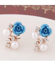 Sweet Shining Rhinestone and Pearl Decorated Graceful Flower Ear Studs - Blue