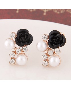 Sweet Shining Rhinestone and Pearl Decorated Graceful Flower Ear Studs - Black