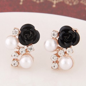 Sweet Shining Rhinestone and Pearl Decorated Graceful Flower Ear Studs - Black