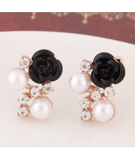 Sweet Shining Rhinestone and Pearl Decorated Graceful Flower Ear Studs - Black