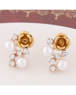 Sweet Shining Rhinestone and Pearl Decorated Graceful Flower Ear Studs - Golden