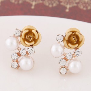Sweet Shining Rhinestone and Pearl Decorated Graceful Flower Ear Studs - Golden
