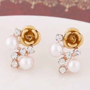 Sweet Shining Rhinestone and Pearl Decorated Graceful Flower Ear Studs - Golden