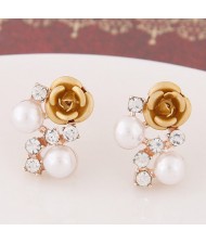 Sweet Shining Rhinestone and Pearl Decorated Graceful Flower Ear Studs - Golden