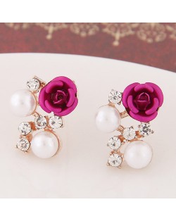 Sweet Shining Rhinestone and Pearl Decorated Graceful Flower Ear Studs - Rose