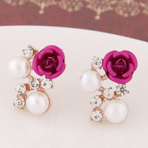 Sweet Shining Rhinestone and Pearl Decorated Graceful Flower Ear Studs - Rose