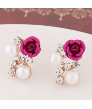 Sweet Shining Rhinestone and Pearl Decorated Graceful Flower Ear Studs - Rose