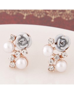 Sweet Shining Rhinestone and Pearl Decorated Graceful Flower Ear Studs - Gray