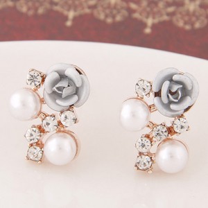 Sweet Shining Rhinestone and Pearl Decorated Graceful Flower Ear Studs - Gray