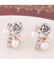 Sweet Shining Rhinestone and Pearl Decorated Graceful Flower Ear Studs - Gray