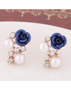 Sweet Shining Rhinestone and Pearl Decorated Graceful Flower Ear Studs - Dark Blue