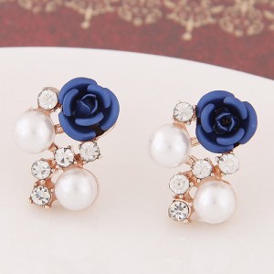 Sweet Shining Rhinestone and Pearl Decorated Graceful Flower Ear Studs - Dark Blue