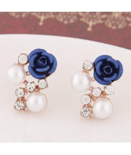 Sweet Shining Rhinestone and Pearl Decorated Graceful Flower Ear Studs - Dark Blue