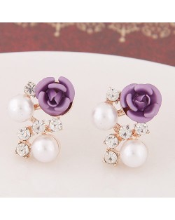 Sweet Shining Rhinestone and Pearl Decorated Graceful Flower Ear Studs - Purple
