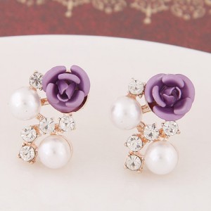 Sweet Shining Rhinestone and Pearl Decorated Graceful Flower Ear Studs - Purple
