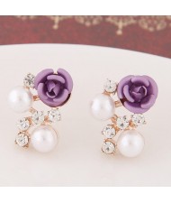 Sweet Shining Rhinestone and Pearl Decorated Graceful Flower Ear Studs - Purple
